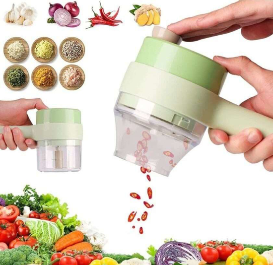 Image sur Ensemble de coupe-légumes électrique 4 en 1 - Coupe-légumes électrique multifonction - Hachoir portable - Raboteuse à légumes - Robot de cuisine rechargeable