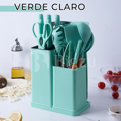 Agrandir l'image de Ensemble d’ustensiles de cuisine de cuisine de chef 19 pièces Batterie de cuisine en silicone antiadhésive avec manche en bois Ensemble de spatules en silicone pour batterie de cuisine antiadhésive allant au lave-vaisselle, 19 pièces, vert lac Image de Ensemble d’ustensiles de cuisine de cuisine de chef 19 pièces Batterie de cuisine en silicone antiadhésive avec manche en bois Ensemble de spatules en silicone pour batterie de cuisine antiadhésive allant au lave-vaisselle, 19 pièces, vert lac
