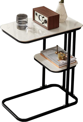 Table d'appoint en forme de C à deux couches avec bords arrondis en métal avec plateau pour collation Table d'appoint en forme de C à deux couches avec bords arrondis en métal avec plateau pour collation