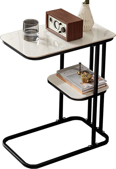 Table d'appoint en forme de C à deux couches avec bords arrondis en métal avec plateau pour collation