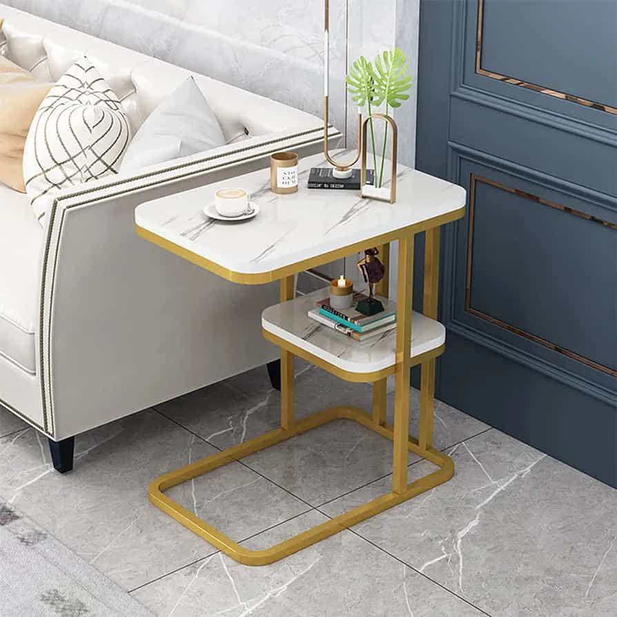 Table D'appoint Design En Forme De C - Hauteur Réglable 45-80 Cm & Plateau Pivotant 360° (Bois Naturel/Blanc)