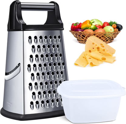 Image de Râpe à fromage professionnelle Kaishun XL Râpe à 4 côtés en acier inoxydable avec récipient amovible Hachoir à aliments pour fromage Parmesan Légumes Lavable au lave-vaisselle noir