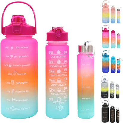 Image de Bouteille d’eau Mumutan avec paille 2 litres marqueurs de motivation, paquet de 3 (2L + 900 ml + 300 ml), étanche, sans BPA, bouteille de sport en plastique portable pour le camping, le vélo, l’école, Rose rouge (TZ-3pcs)