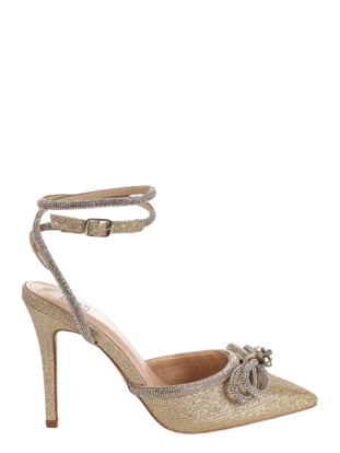 Image de Escarpins, chaussure de soirée, brillant couleur or et argent avec cordes et nœud papillon