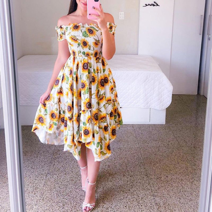 Agrandir l'image de Robe imprimée à fleurs pour femmes, col dénudé, manches courtes, élastique, irrégulière, élégante, sexy Image de Robe imprimée à fleurs pour femmes, col dénudé, manches courtes, élastique, irrégulière, élégante, sexy