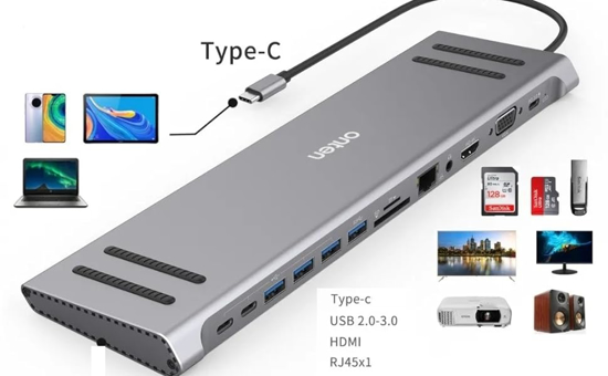 Image sur 14 en 1 USB Type-C Hub Multifonction Dock Type-C vers HDMI/VGA/SD/TF/RJ45/USB 3.0/Audio/USB-C Femelle PD Port de Charge Compatible pour MacBook, MacBook Air/Pro, iMac/ Pixel, Dell, ASUS, HP, Lenovo, ordinateur.