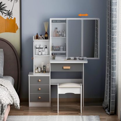 Agrandir l'image de Caldion Coiffeuse avec Grand Miroir Coulissant,Breau Coiffeuse avec Tabouret Table de Maquillage avec 4 Tiroirs,Gris 135 x 36 x 90 cm Image de Caldion Coiffeuse avec Grand Miroir Coulissant,Breau Coiffeuse avec Tabouret Table de Maquillage avec 4 Tiroirs,Gris 135 x 36 x 90 cm