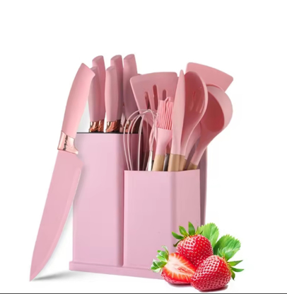 Image de Ustensiles de cuisine en silicone - 12 pièces - Poignées en bois - Set de spatules de cuisine avec support - Cuillère et pinces - Rose