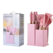 Image sur Ustensiles de cuisine en silicone - 12 pièces - Poignées en bois - Set de spatules de cuisine avec support - Cuillère et pinces - Rose