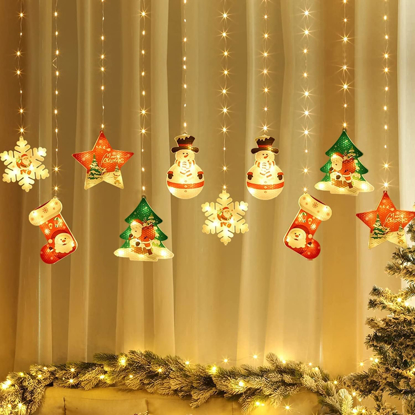 Agrandir l'image de Rideaux Lumineux de Noël, Guirlande Rideau Lumineux Fenêtre Intérieur 3m 120 LED 8 modes USB 10 Anneaux avec Figurine Noël 3D A229 Image de Rideaux Lumineux de Noël, Guirlande Rideau Lumineux Fenêtre Intérieur 3m 120 LED 8 modes USB 10 Anneaux avec Figurine Noël 3D A229