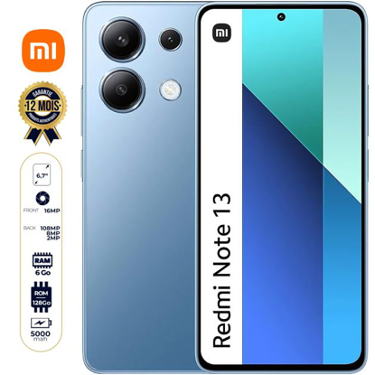 Agrandir l'image de Xiaomi Redmi Note 13 4G - 128 Go - 6 Go RAM - 6.67" - 2 Nano SIM - 108MP+8MP+2MP/16MP - 5000mAh - Version Globale - Garantie 12 mois Image de Xiaomi Redmi Note 13 4G - 128 Go - 6 Go RAM - 6.67" - 2 Nano SIM - 108MP+8MP+2MP/16MP - 5000mAh - Version Globale - Garantie 12 mois