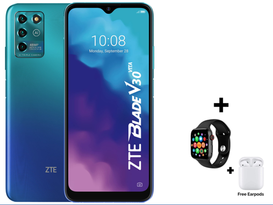 Image sur ZTE Blade V30 Vita - 6.82 pouces - 128Go / 4Go Ram - 48MP+5MP+2MP/8MP - 5000mAh + Montre connecté et earpods