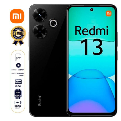 Agrandir l'image de Xiaomi Redmi 13 - 128 Go - 8 Go RAM - Dual Nano SIM - 108 MP + 2 MP / 13 MP - 5030 mAh 33W - Version Globale - Garantie 12 mois Image de Xiaomi Redmi 13 - 128 Go - 8 Go RAM - Dual Nano SIM - 108 MP + 2 MP / 13 MP - 5030 mAh 33W - Version Globale - Garantie 12 mois