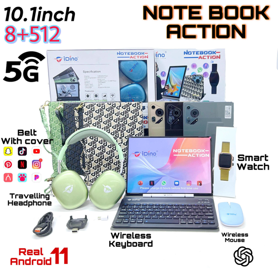 Image sur Tablette Android Idino Notebook  ACTION - 10 Pouces– 512 Go ROM – 8 Go RAM – 10000 mAh +  UN CASQUE OFFERT + UNE MONTRE CONNECTÉ + UNE SOURIS + UN CLAVIER