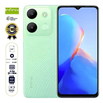 Agrandir l'image de Infinix Smart 7 HD - 64 Go/2Go RAM + 2Go Extensible - 6.6"- 8MP/5MP - 5000mAh - Avec empreinte digitale - Garantie 12 Mois Image de Infinix Smart 7 HD - 64 Go/2Go RAM + 2Go Extensible - 6.6"- 8MP/5MP - 5000mAh - Avec empreinte digitale - Garantie 12 Mois