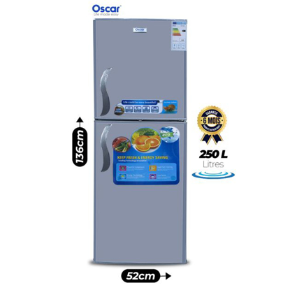 Agrandir l'image de Réfrigérateur double battant - OSCAR - 250 Litres - OSC 250SS - Classe énergétique A+ - Gris - Garantie 6 Mois Image de Réfrigérateur double battant - OSCAR - 250 Litres - OSC 250SS - Classe énergétique A+ - Gris - Garantie 6 Mois