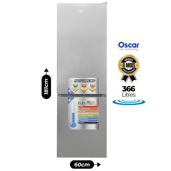 Image sur Réfrigérateur Combiné Oscar OSC‑R466S‑C – 366 L, No Frost, A+, Distributeur d’eau – Garantie 6 Mois
