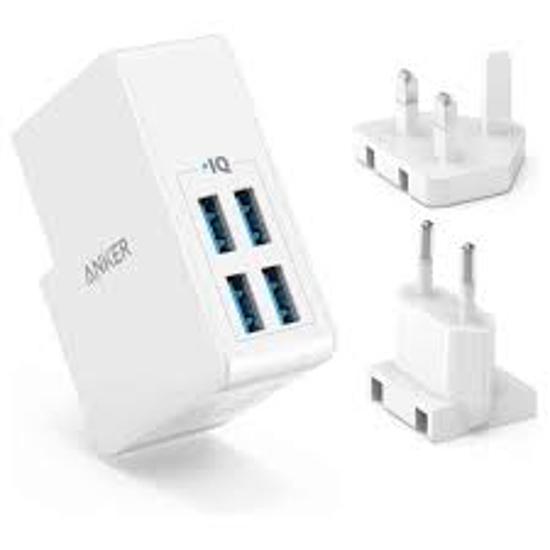 Image sur Anker PowerPort Lite 4 Interchangeable UK and EU Travel Charger High Speed 27W Charger Adapter with 4 USB-A PowerIQ Ports, White