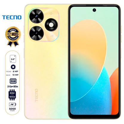 Image de Tecno Pop 8 - 64 Go - 2 Go + 2 Go RAM Extensible - 6.6" - 5000mAh - 13MP/8MP - Dual Nano SIM - 4G LTE - Garantie 12 Mois