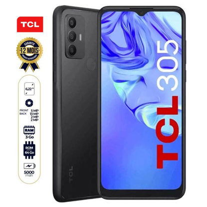 Agrandir l'image de TCL 305 - 6.22 " - 64 Go/3 Go RAM - Nano SIM - 13MP+2MP/5MP - 5000mAh - Garantie 12 Mois Image de TCL 305 - 6.22 " - 64 Go/3 Go RAM - Nano SIM - 13MP+2MP/5MP - 5000mAh - Garantie 12 Mois