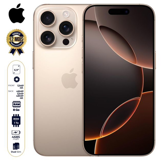 Image sur iPhone 16 Pro Max - 1 To - 8Go RAM - 6,9" - Apple A18 Pro - 2 SIM physique - 48MP+12MP +48MP /12MP - 4685mAh - Garantie 12 mois