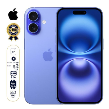 Image de iPhone 16 - 128 Go - 8Go RAM - 6,1" - Apple A18 - 1 Nano SIM physique et 1 e-SIM - 48MP+12MP /12MP - 3561mAh - Garantie 12 mois