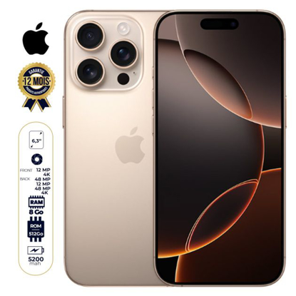 Image de iPhone 16 Pro - 512 Go - 8Go RAM - 6,3" - Apple A18 Pro - 1 Nano SIM physique et 1 e-SIM - 48MP+12MP +48MP /12MP - 5200mAh - Garantie 12 mois