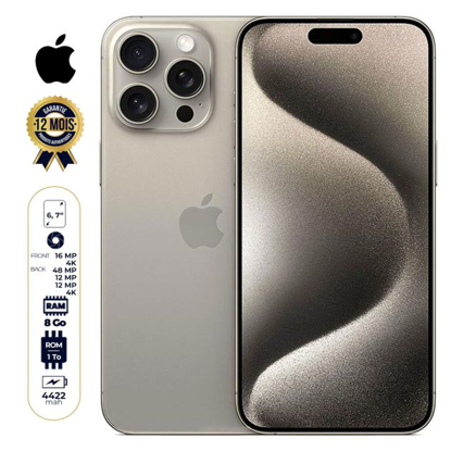 Image de iPhone 15 Pro Max - 1To/8Go RAM - 6,7" - Apple A17 Pro - 2 Nano SIM physique - 48 MP+12MP+12MP/12MP - 4422mAh - Garantie 12 mois