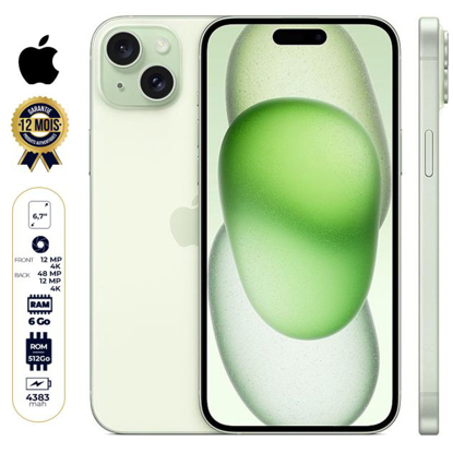 Image de iPhone 15 Plus - 512 Go/6Go RAM - 6,7" - Apple A16 Bionic - Nano SIM physique et e-sim - 48 MP+12MP/12MP - 4383 mAh - Garantie 12 mois