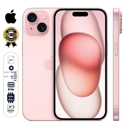 Image de iPhone 15 - 512Go/6Go RAM - 6,1" - Apple A16 Bionic - Nano SIM physique et e-sim - 48 MP+12MP/12MP - 3349mAh - Garantie 12 mois