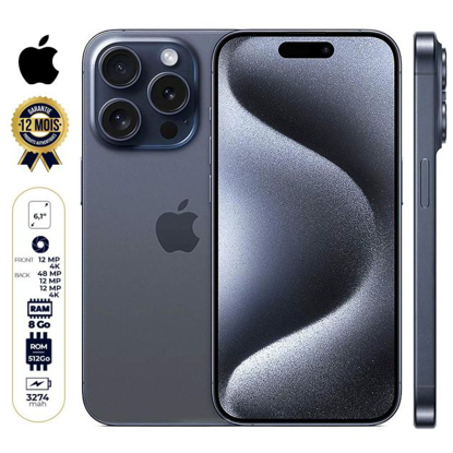 Image de iPhone 15 Pro - 512 Go/8Go - 6,1" - Apple A17 Pro - 2 Nano SIM physique - 48 MP+12MP+12MP/12MP - 3274mAh - Garantie 12 mois