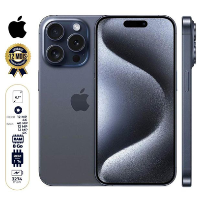 Image de iPhone 15 Pro - 1To/8Go - 6,1" - Apple A17 Pro - Nano SIM physique et e-sim - 48 MP+12MP+12MP/12MP - 3274mAh - Garantie 12 mois