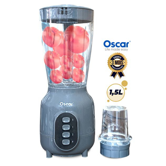 Image sur Mixeur Oscar OSC‑25PP‑B – 1,5 L – 300–350 W – 2 vitesses + pulse – Bol plastique – Broyeur à sec – Protection anti‑surchauffe – Garantie 3 mois