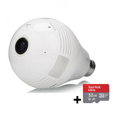 Agrandir l'image de Packs Caméra Ampoule Espion- 360° - Blanc + Une carte SD SANDISK 32G Image de Packs Caméra Ampoule Espion- 360° - Blanc + Une carte SD SANDISK 32G