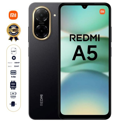 Agrandir l'image de Xiaomi Redmi A5 4G version globale – 128 Go – 4Go RAM – 6.88" IPS LCD, 120Hz – 2 Nano SIM – 32 MP / 8 MP – 5200mAh – Garantie 12 mois Image de Xiaomi Redmi A5 4G version globale – 128 Go – 4Go RAM – 6.88" IPS LCD, 120Hz – 2 Nano SIM – 32 MP / 8 MP – 5200mAh – Garantie 12 mois