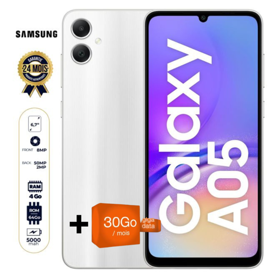 Image sur Packs Samsung Galaxy A05 - 64 Go - 4Go RAM - 6,7 pouces - 50 MP + 2 MP/8MP - Dual Nano SIM - 5000 mAh - Garantie 24 Mois + 30Go Offert