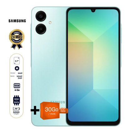 Image de Packs Samsung Galaxy A06 - 64 Go - 4Go RAM - 6,7" - 50 MP + 2 MP/8MP - Dual Nano SIM - 5000 mAh - Garantie 24 Mois + 30 Go Offert