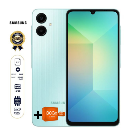 Image de Packs Samsung Galaxy A06 - 128 Go - 4Go RAM - 6,7" - 50 MP + 2 MP/8MP - Dual Nano SIM - 5000 mAh - Garantie 24 Mois + 30Go Offert