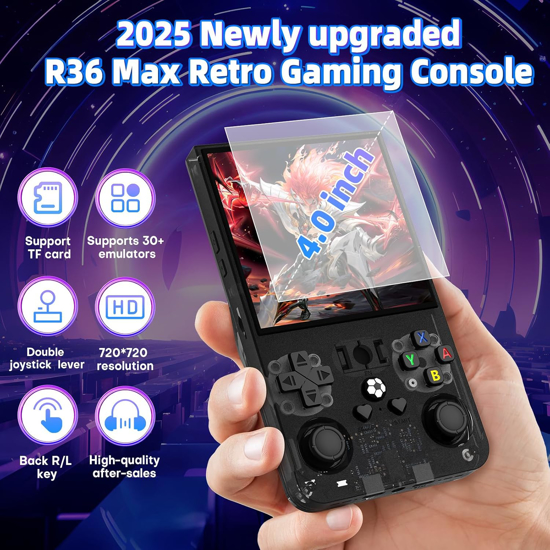Image sur Console de jeux rétro portable R36 Max, 64 Go, plus de 18 000 jeux, batterie rechargeable 4 000 mAh, compatible avec plus de 30 simulateurs, système Linux, écran IPS 4 pouces