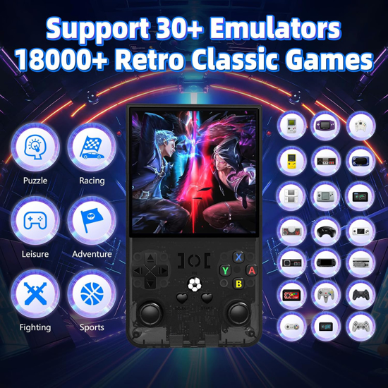Image sur Console de jeux rétro portable R36 Max, 64 Go, plus de 18 000 jeux, batterie rechargeable 4 000 mAh, compatible avec plus de 30 simulateurs, système Linux, écran IPS 4 pouces