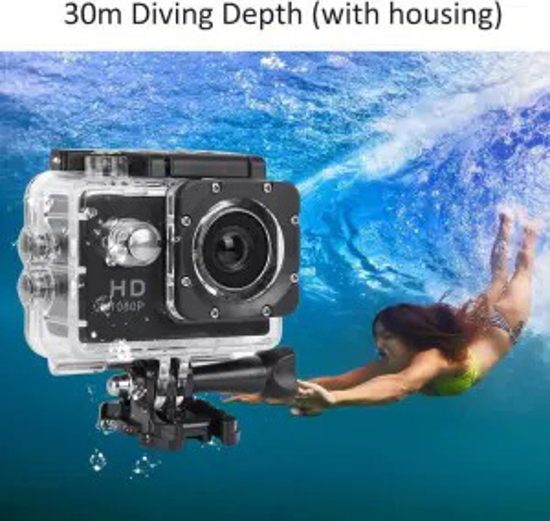 Image sur Caméra d’action Full HD 2 pouces, caméra de sport 1080p 12 MP, étanche jusqu’à 30 m/98 pi avec grand angle de 140 degrés et kit de montage pour vlogging, plongée, vélo et escalade
