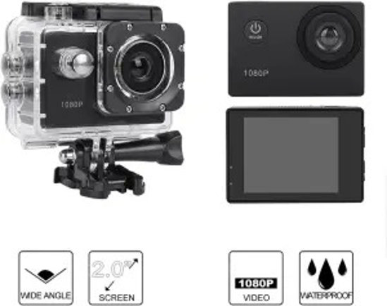 Image sur Caméra d’action Full HD 2 pouces, caméra de sport 1080p 12 MP, étanche jusqu’à 30 m/98 pi avec grand angle de 140 degrés et kit de montage pour vlogging, plongée, vélo et escalade