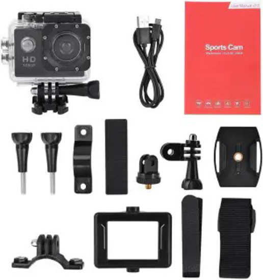 Image sur Caméra d’action Full HD 2 pouces, caméra de sport 1080p 12 MP, étanche jusqu’à 30 m/98 pi avec grand angle de 140 degrés et kit de montage pour vlogging, plongée, vélo et escalade