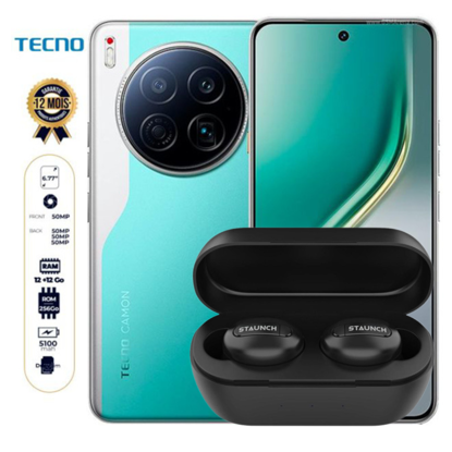 Image de Packs Tecno Camon 40 Premier - 256 Go - 12Go RAM + 12 Go Extensible - 6.77'' LTPO AMOLED 120Hz - 2 Nano Sim - 50 MP + 50 MP + 50 MP / 50 MP - 5100 mAh 70W - Garantie 12 mois  + Ecouteurs bluetooth Staunch Boom 150