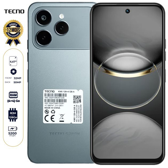 Image sur Tecno Spark 40 - 128 Go - 4 Go + 4 Go RAM Extensible - 6,6" - 50 MP/32 MP - 2 Nano Sim - 5200 mAh - Garantie 12 mois