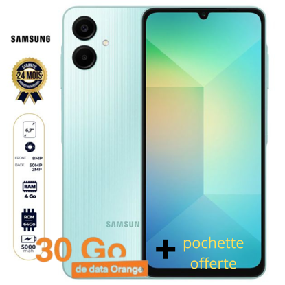Image de Samsung Galaxy A06 - 64 Go - 4Go RAM - 6,7" - 50 MP + 2 MP/8MP -5000 mAh - Garantie 24 Mois + pochette + 30 Go offert