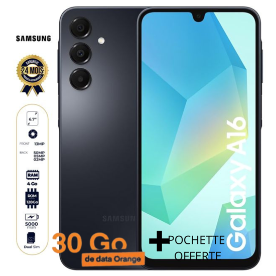 Image sur Samsung Galaxy A16 4G - 256 Go - 8Go RAM - 6,7 pouces - 50 MP + 5 MP + 2 MP/13MP  - 5000 mAh - Garantie 24 Mois + 30 Go de connexion offerte + une pochette