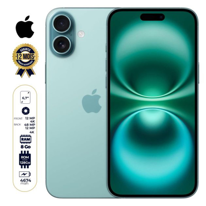 Image de iPhone 16 Plus - 128 Go - 8Go RAM - 6,7" - Apple A18 - 1 Nano SIM physique et 1 e-SIM - 48MP+12MP /12MP - 4674 mAh - Garantie 12 mois