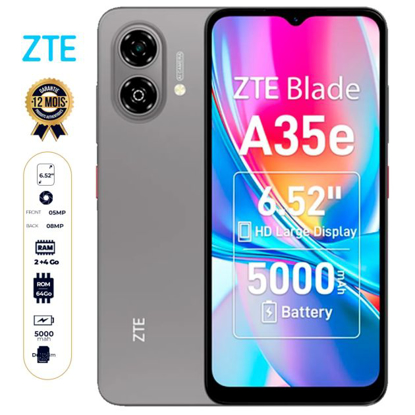 Image de ZTE A35e - 64 Go - 2Go + 4Go RAM - 6,52" - Dual Nano SIM - 8MP/2MP - 5000 mAh - Garantie 12 Mois