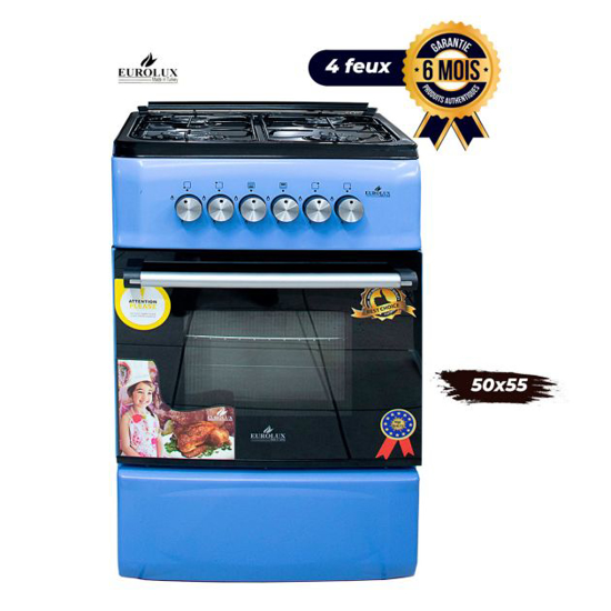 Image sur Cuisinière à gaz EUROLUX F5S40G2 – 4 foyers – 50 × 55 cm – Allumage manuel – Four haut/bas – Inox– Garantie 6 mois